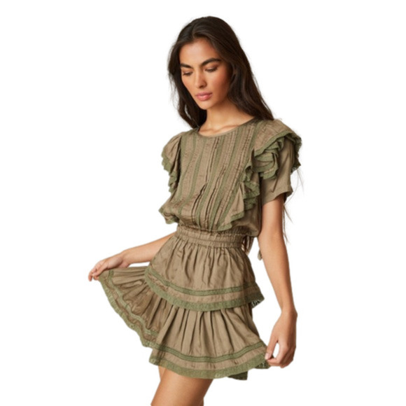 LoveShackFancy Natasha Dress M Forest Oak Green Ruffle Mini Boho NWT Fall - Picture 1 of 16
